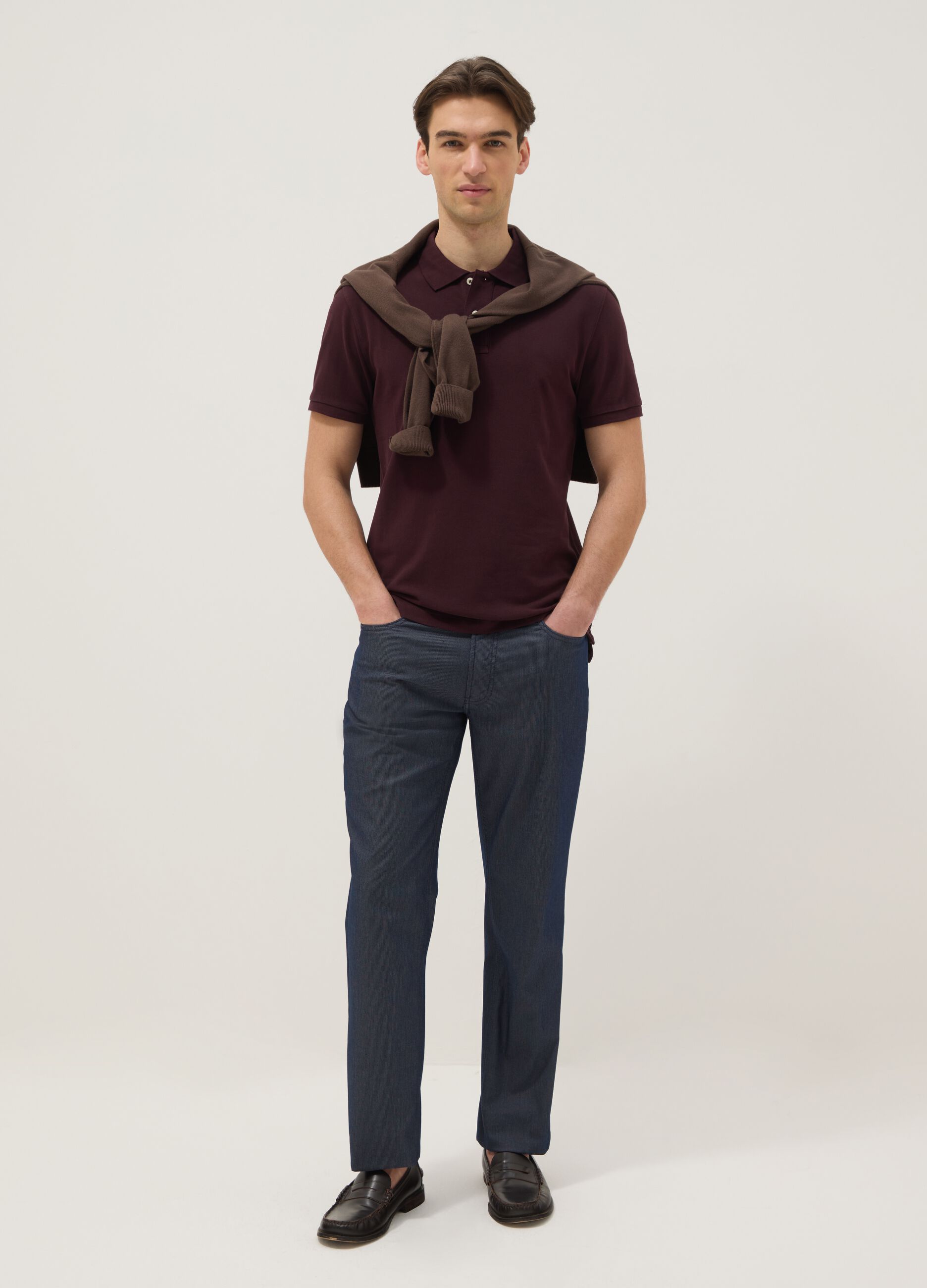 Blue stretch cotton trousers with five pockets