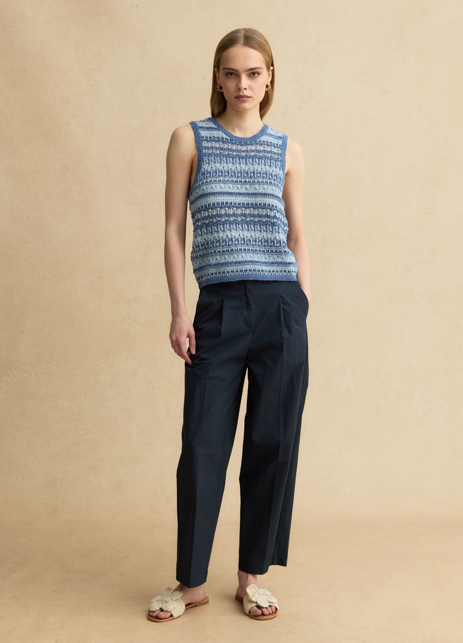 Regular Fit Tank-Top aus mehrfarbigem Baumwoll-Mix mit perforierter Textur