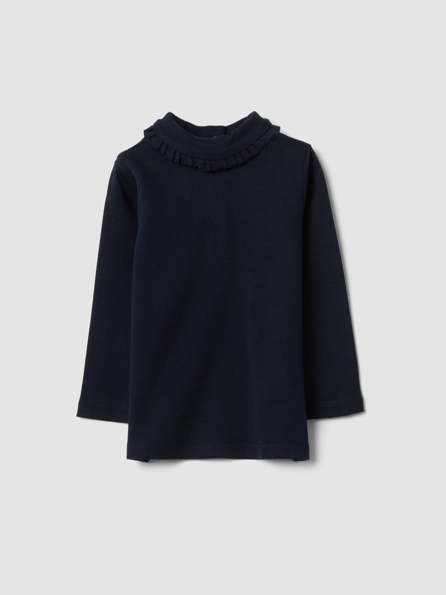 Navy pure cotton T-shirt with ruffled high neck_0