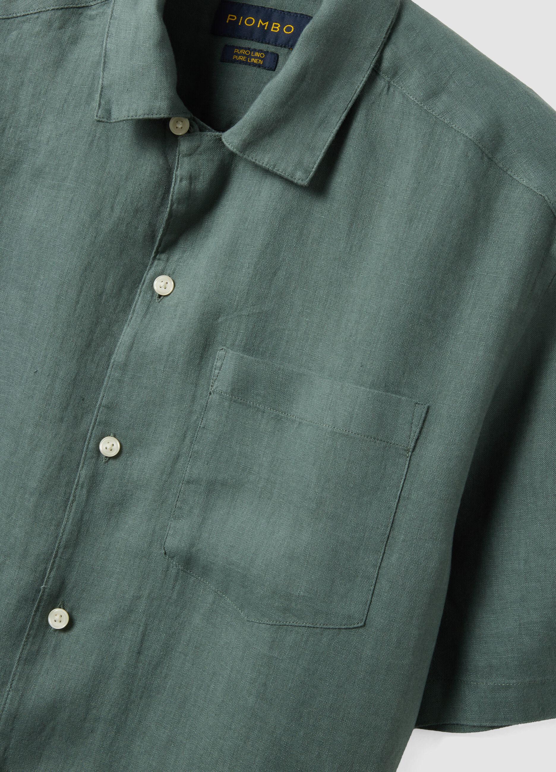 Green shirt with bowling collar in pure linen regular fit