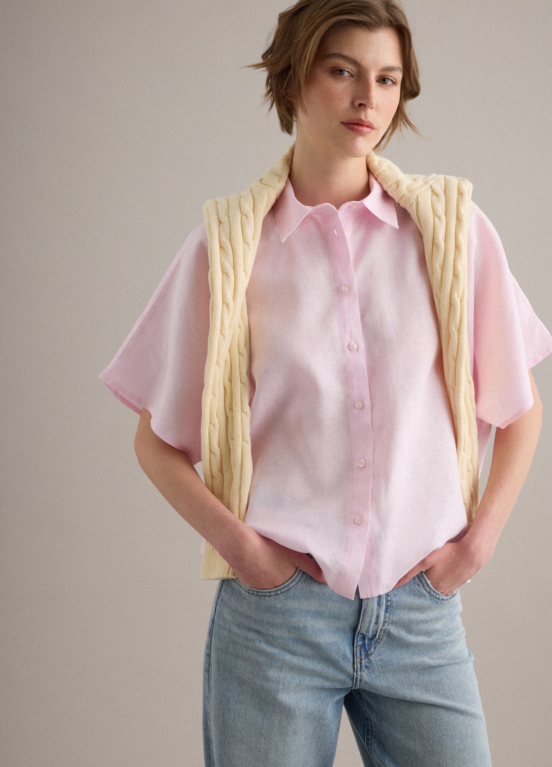 Pink pure linen regular-fit shirt