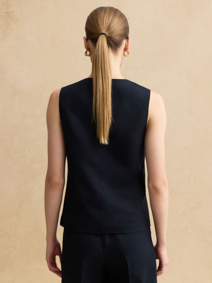 Blue Lyocell and Linen Regular Fit Waistcoat with Buttons_3