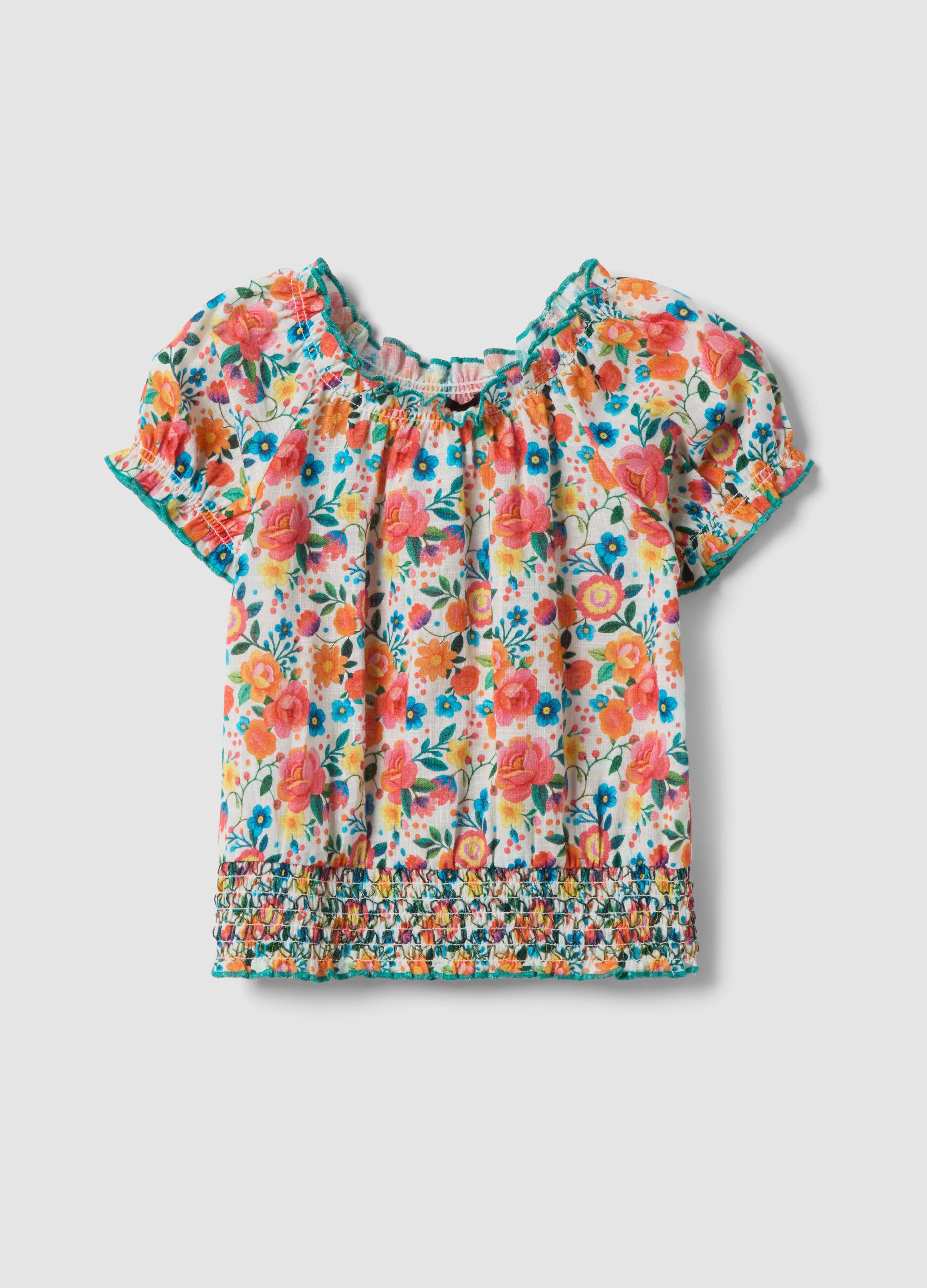 Girls' regular fit multicolour floral pure cotton blouse
