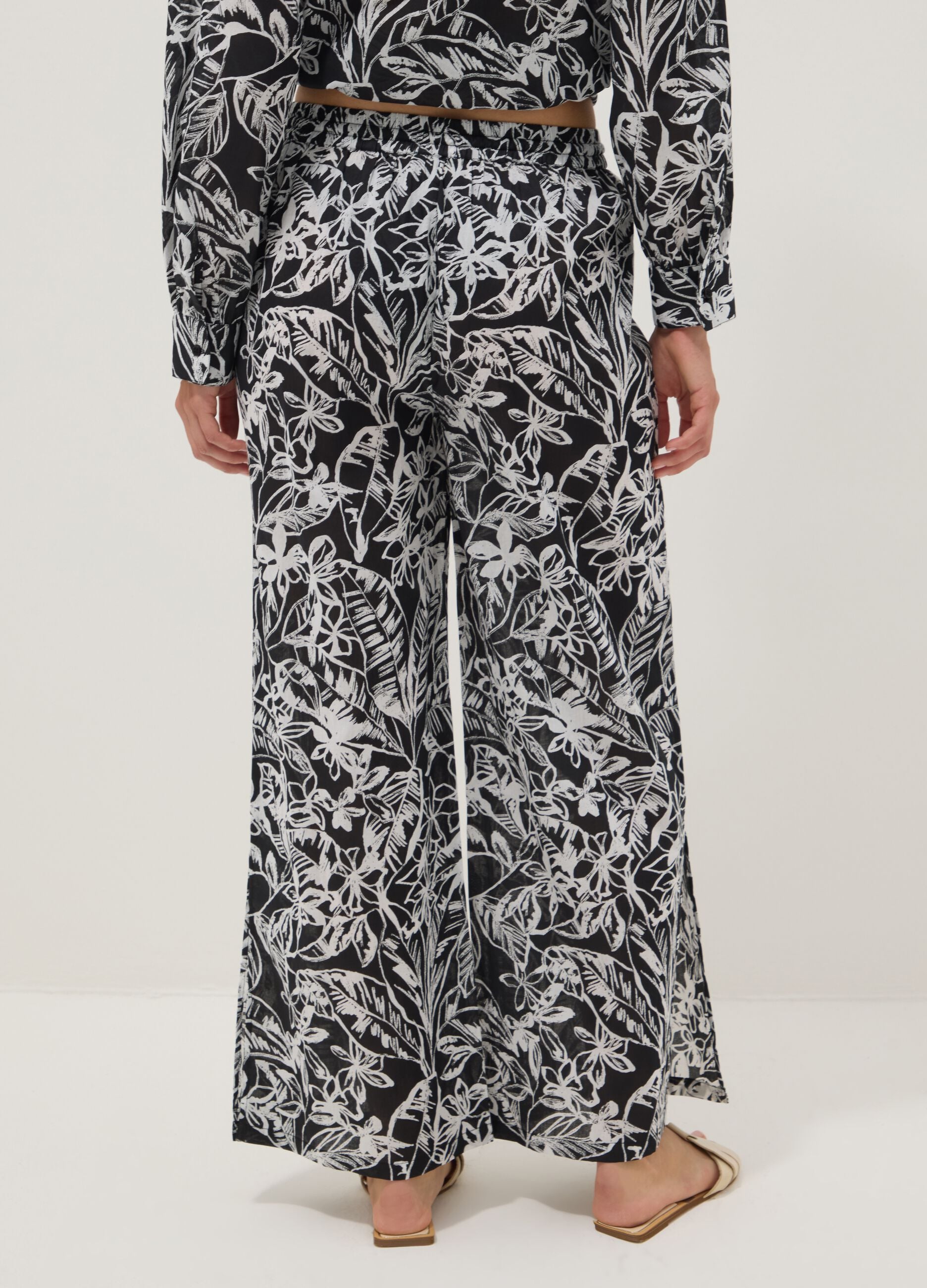 Multicoloured pure cotton long trousers with floral print