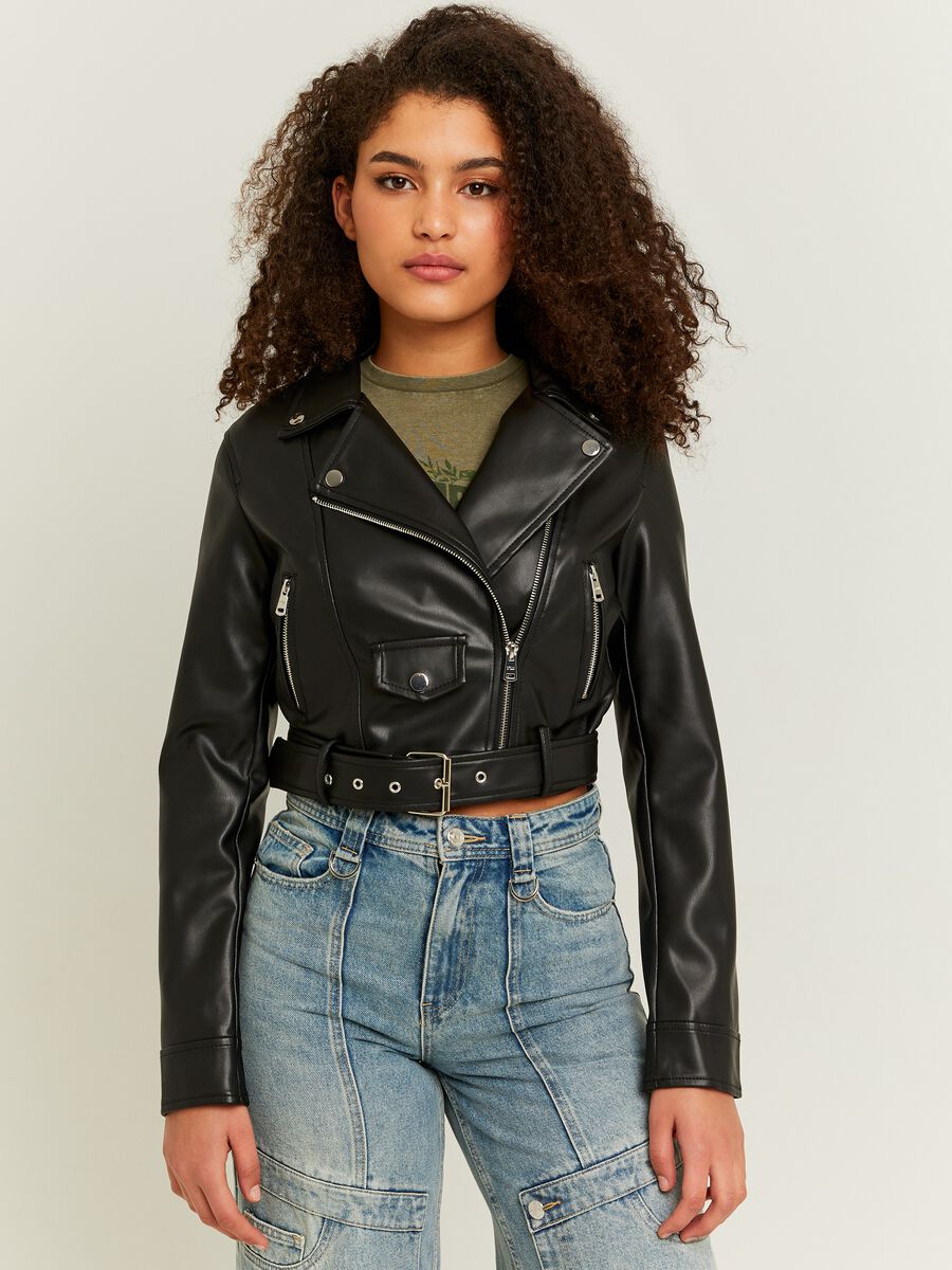 Glossy-effect cropped biker jacket with zip_2