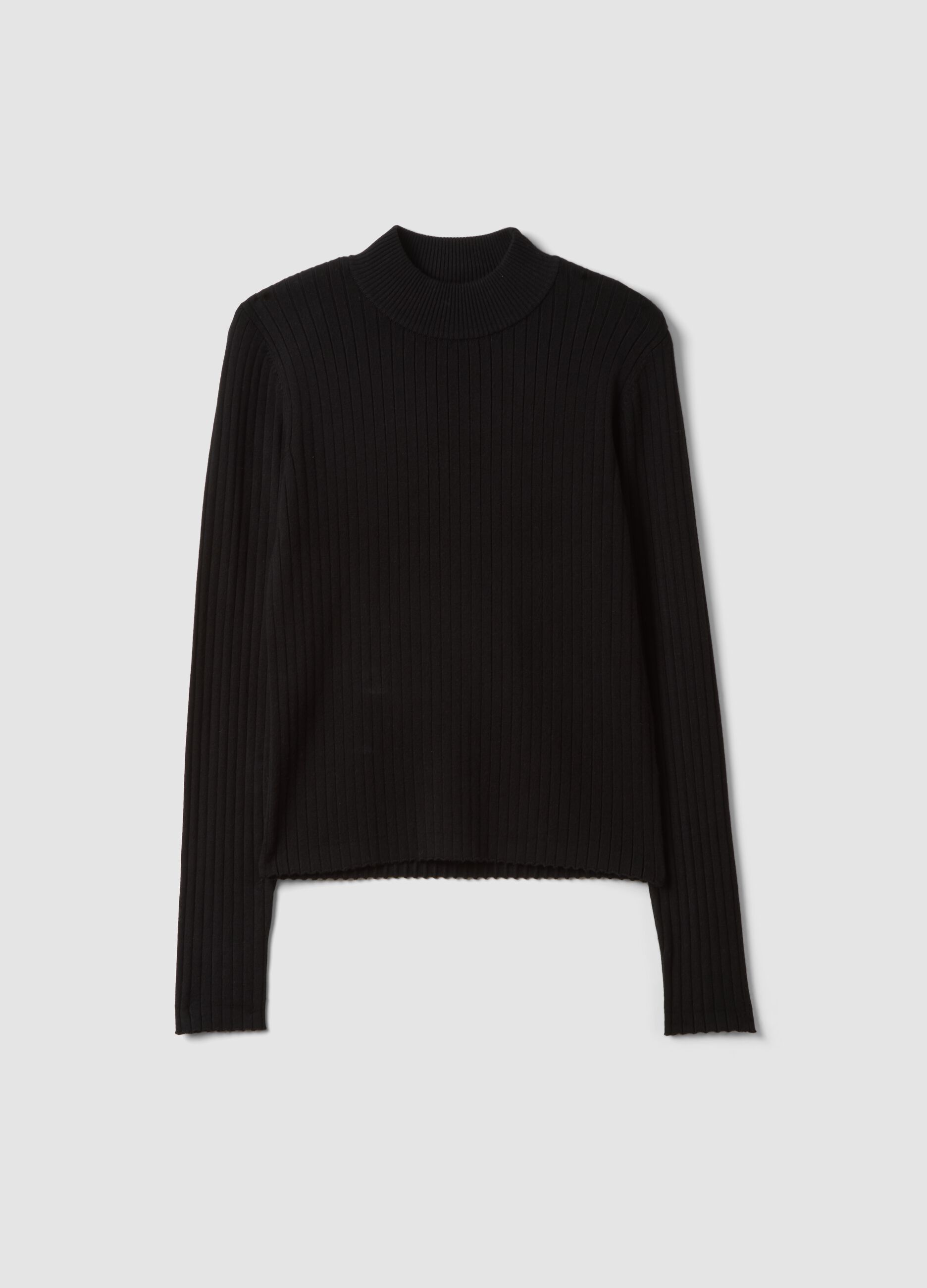 Black ribbed viscose-blend fitted top with high neck