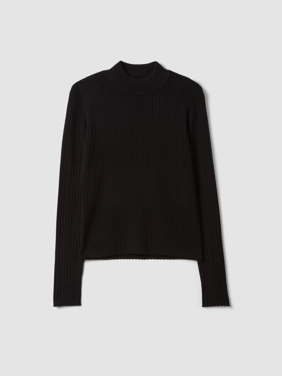 Black ribbed viscose-blend fitted top with high neck_4