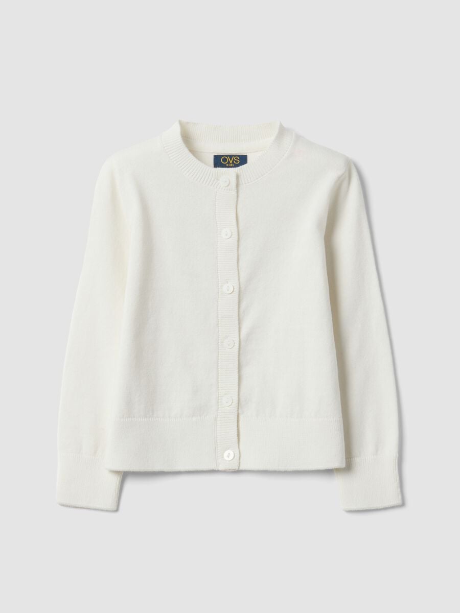 White cotton-blend crew-neck cardigan, regular fit, for girls_0
