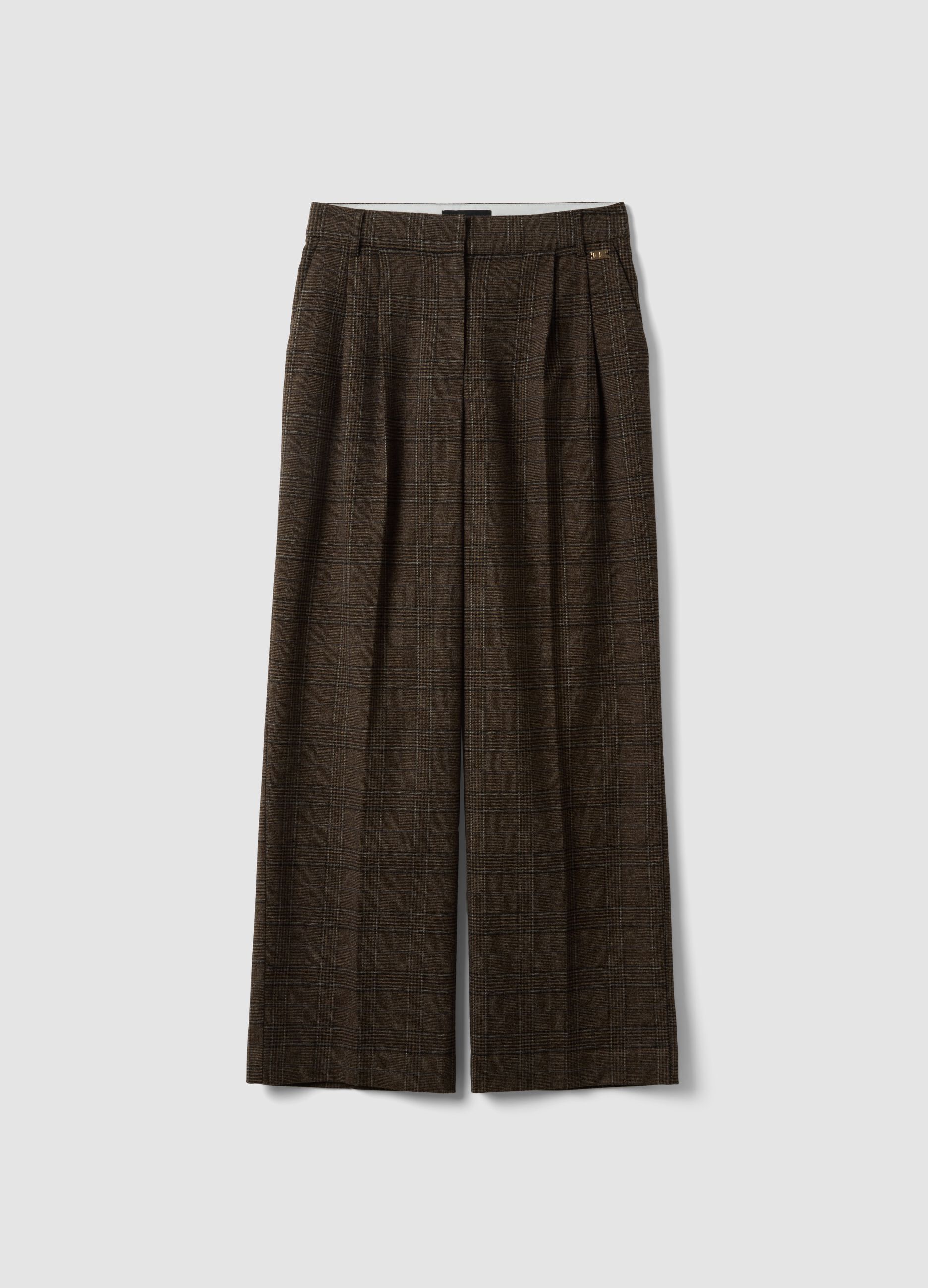 Pantaloni marroni wide leg in viscosa elasticizzata a quadri
