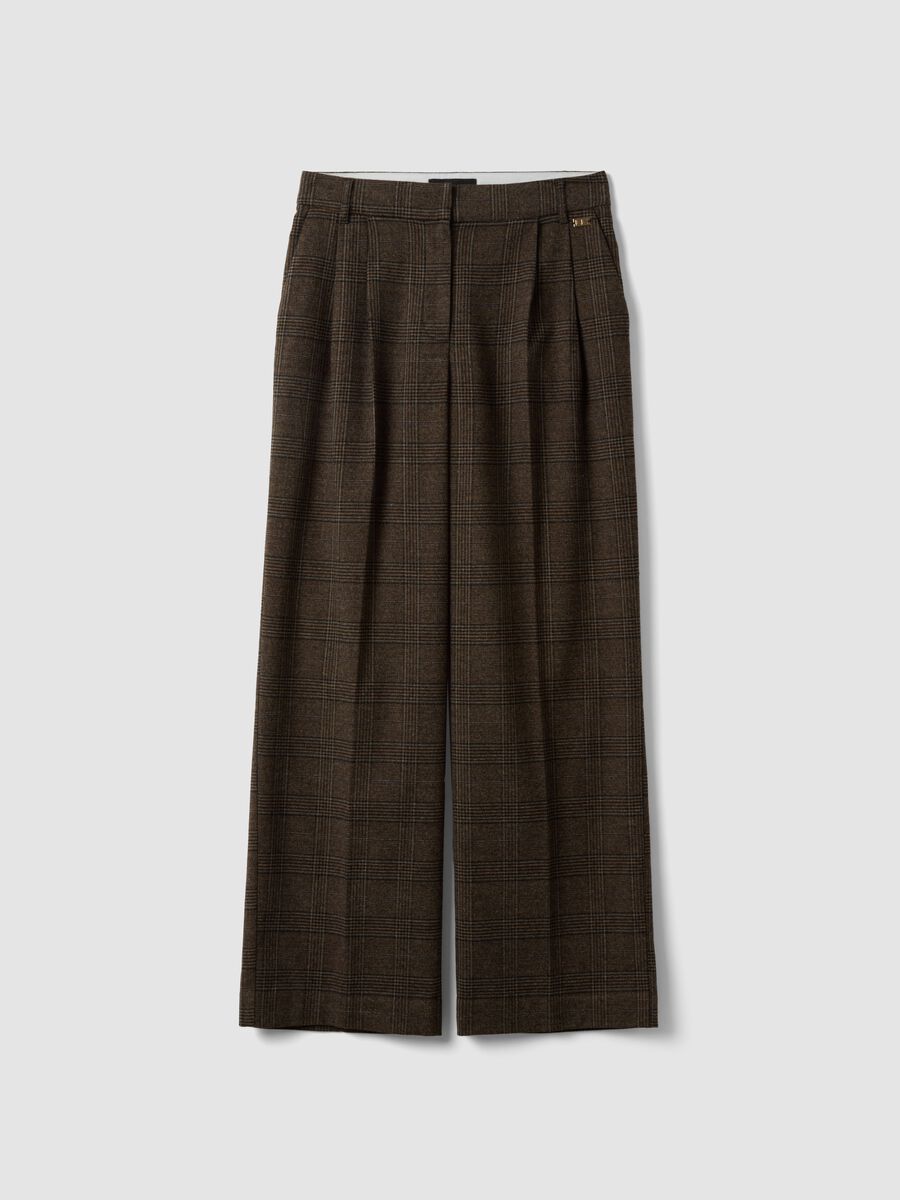 Pantaloni marroni wide leg in viscosa elasticizzata a quadri_4