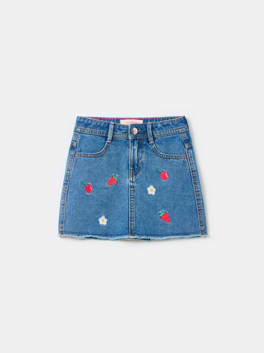 Denim miniskirt with fruit embroidery_0
