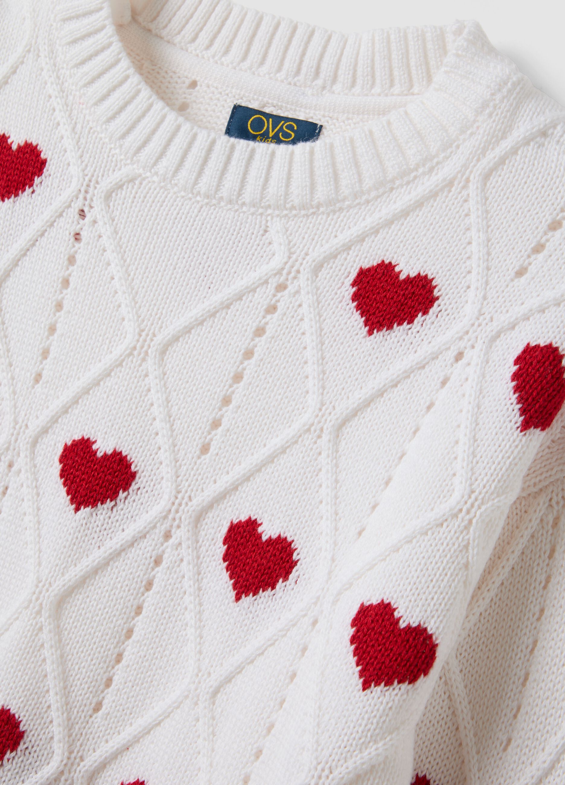 White cotton-blend jumper with openwork pattern and hearts for girls