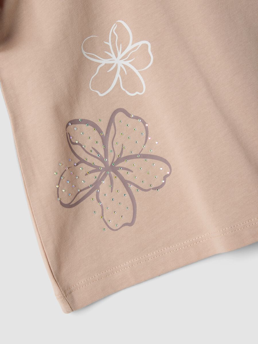 Girls&rsquo; beige pure cotton T-shirt with ruffles and rhinestones_3