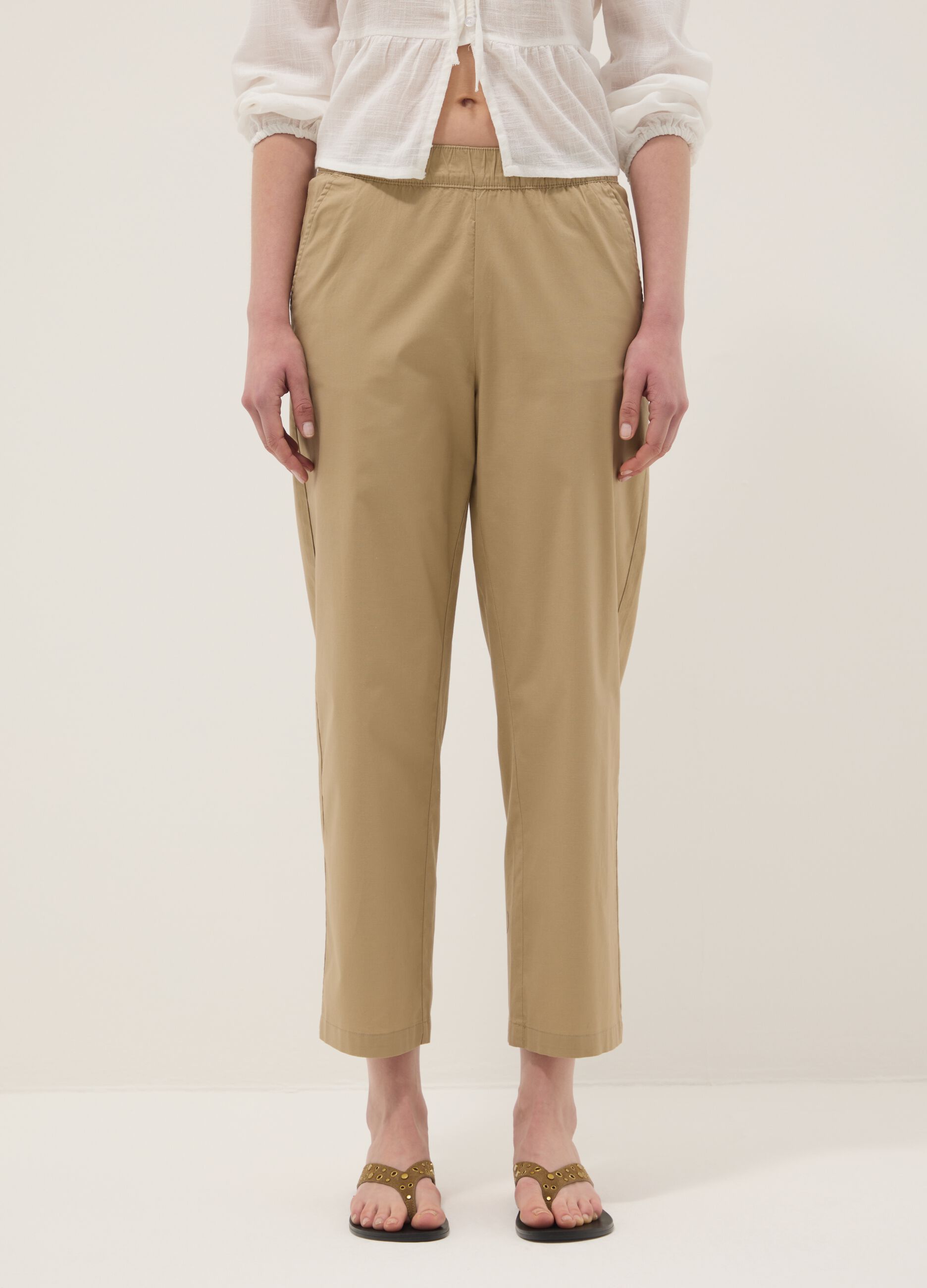 Beige stretch-cotton trousers with elasticated waistband