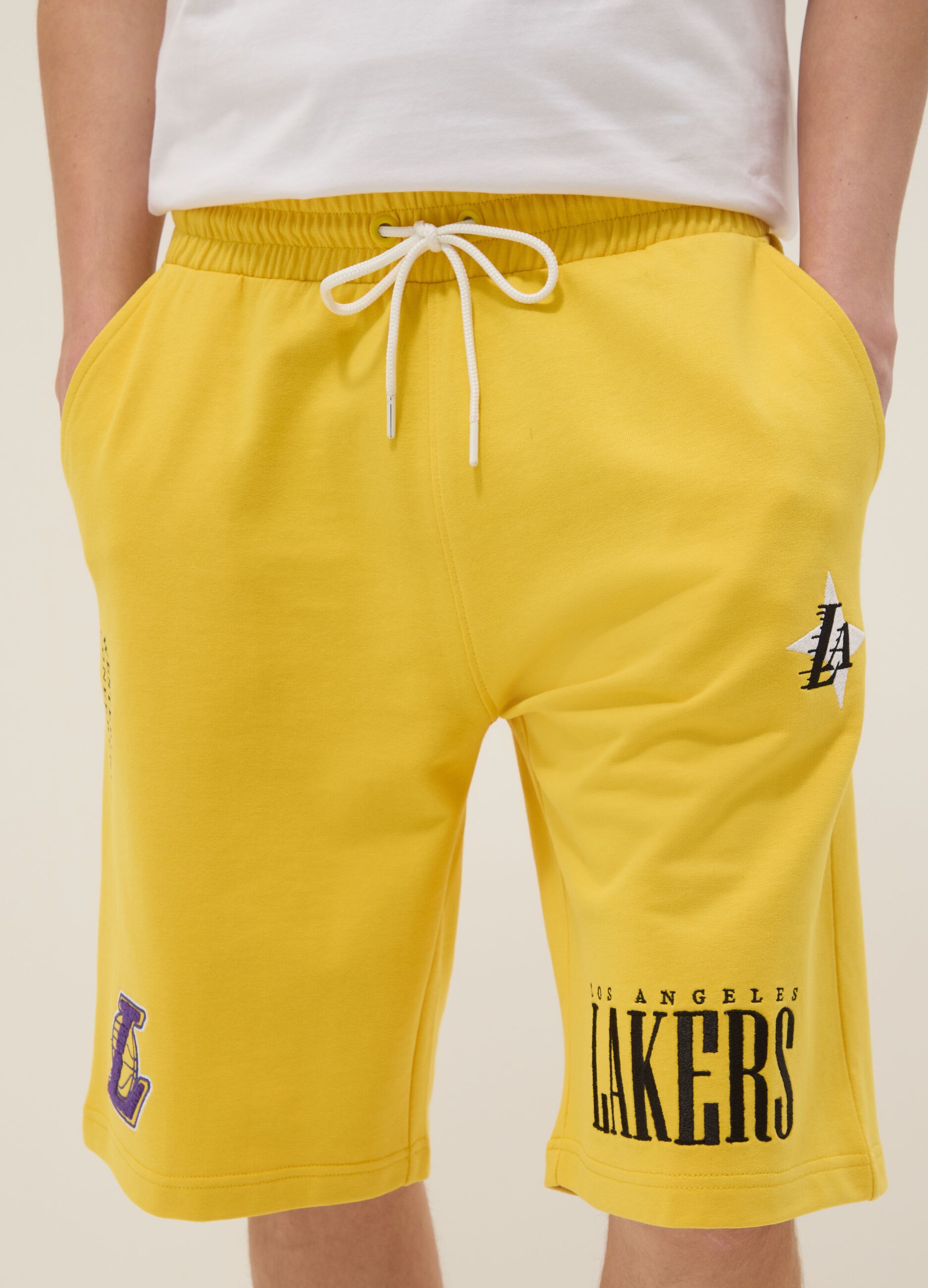 Yellow cotton-blend sports shorts with Lakers logo
