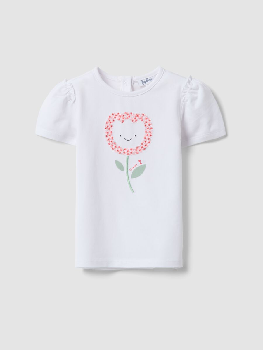 White stretchy cotton regular fit girl&rsquo;s t-shirt with flower embroidery_0