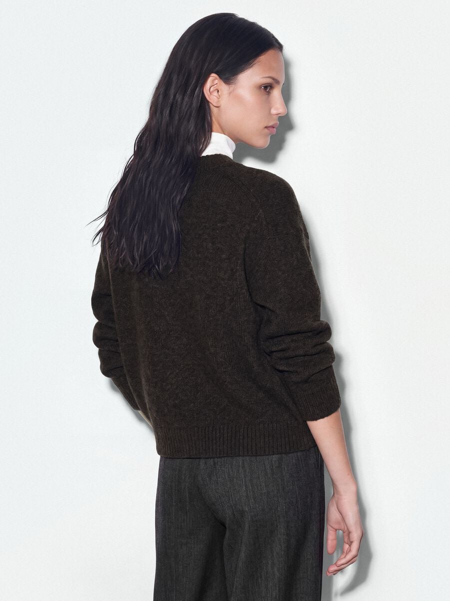 Brown stretch wool cardigan with deep V-neck, oversized fit_3