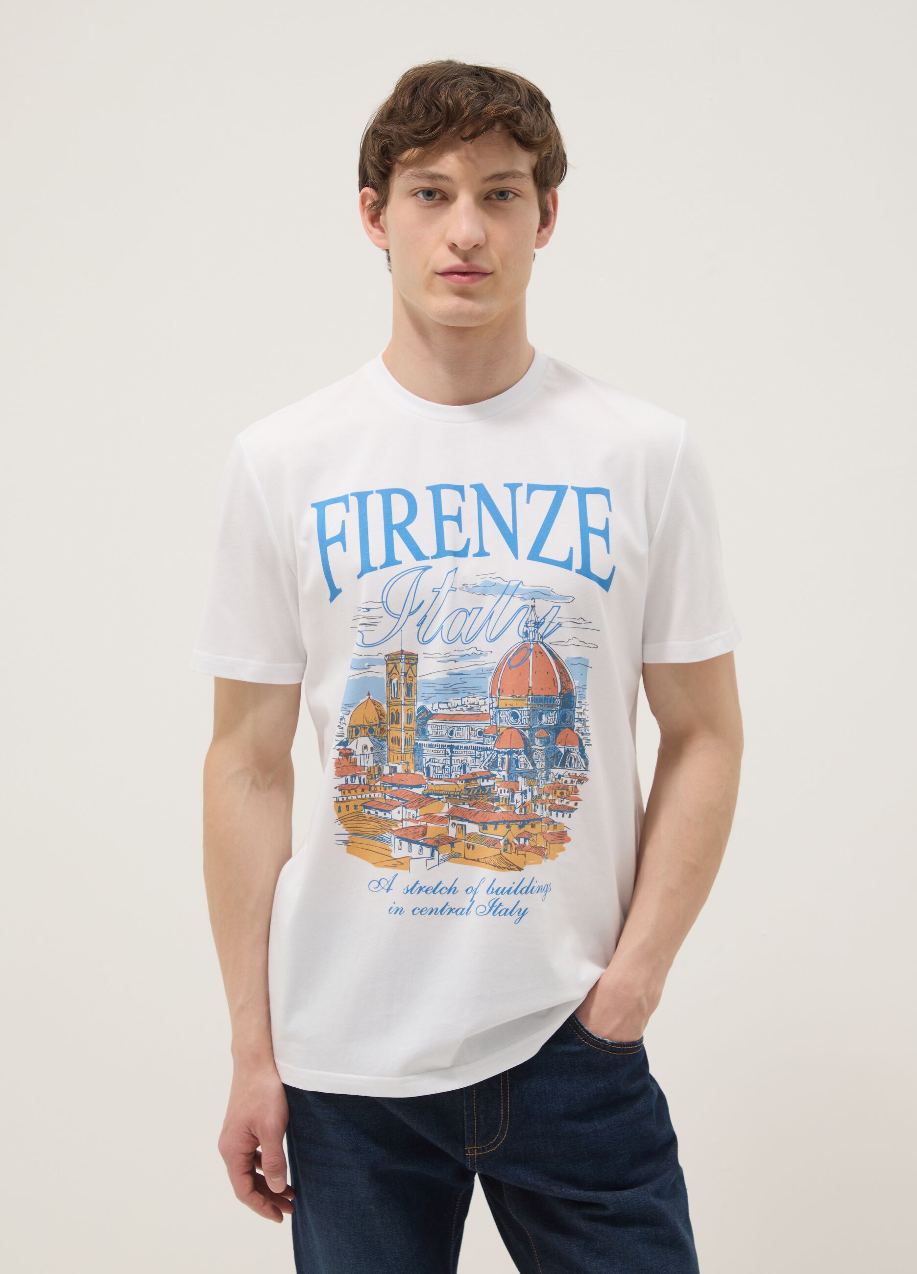 Wei&szlig;es T-Shirt aus reiner Baumwolle mit Frontprint, Regular Fit
