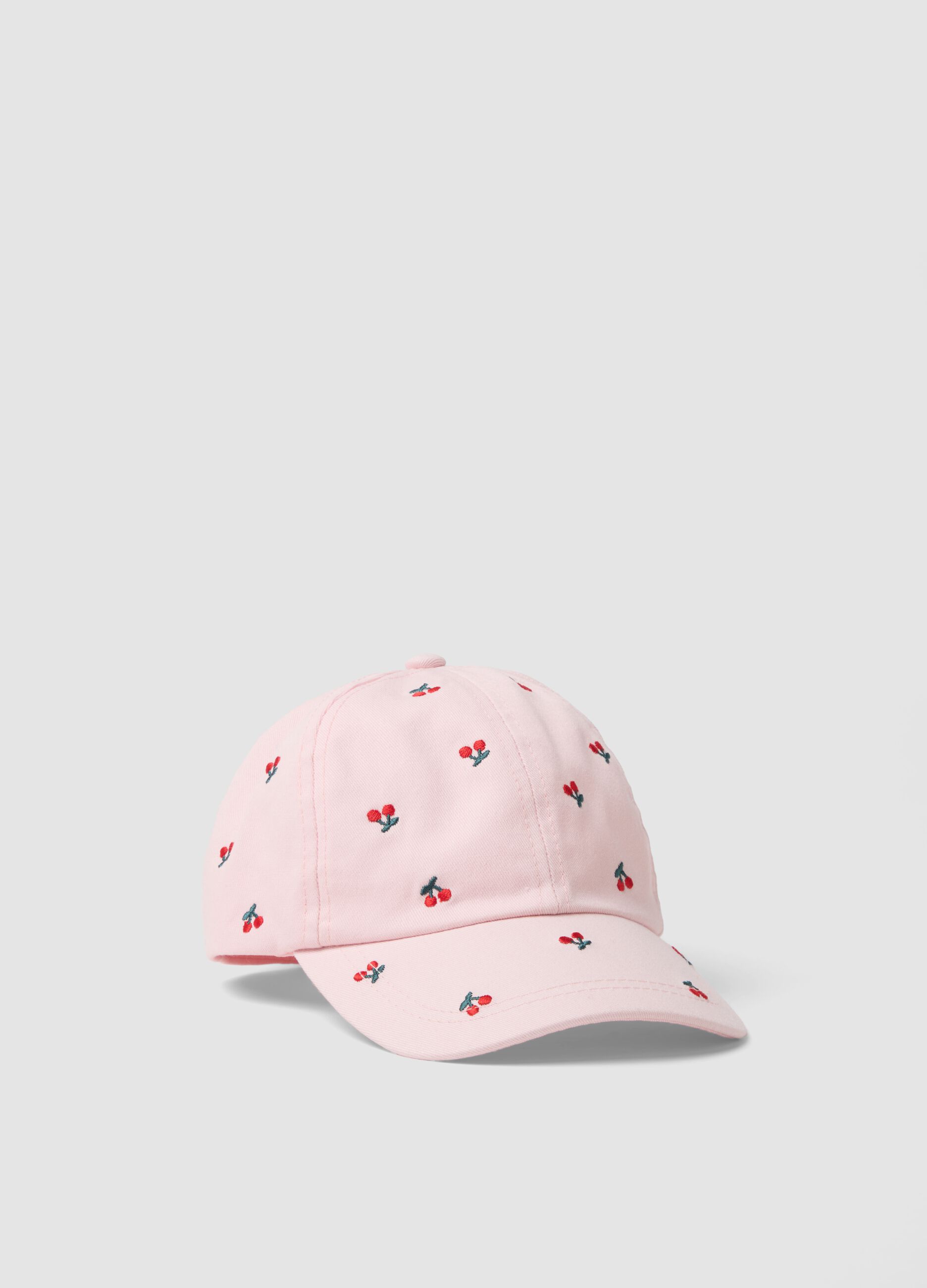 Girls' pure cotton pink hat with embroidered cherries