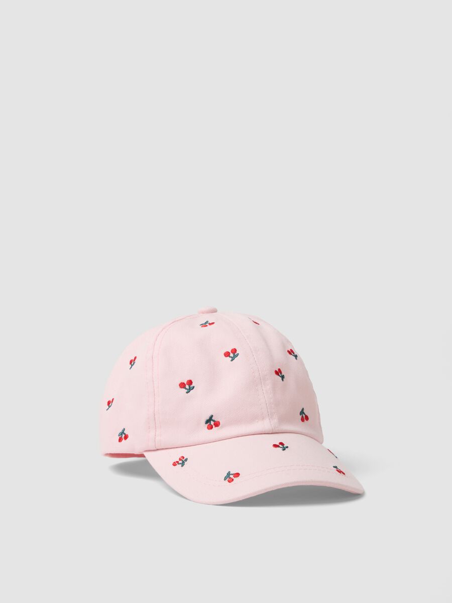 Girls' pure cotton pink hat with embroidered cherries_0