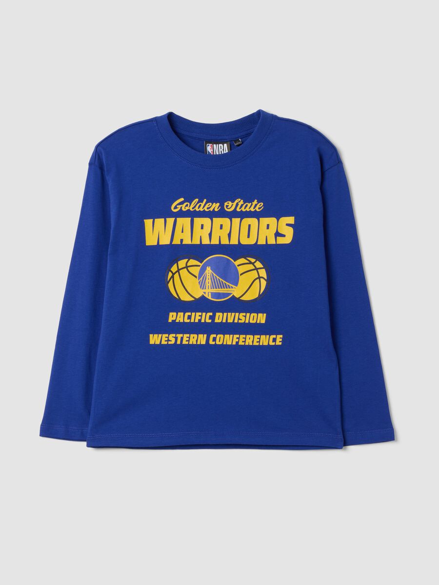 T-shirt blu in puro cotone con stampa basket_0