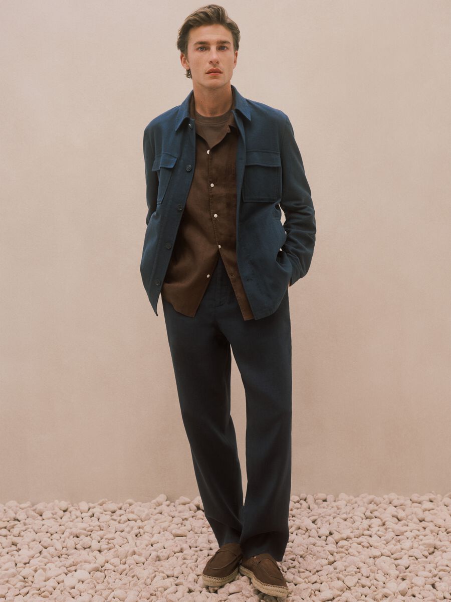 Brown short sleeve pure linen regular fit shirt_0