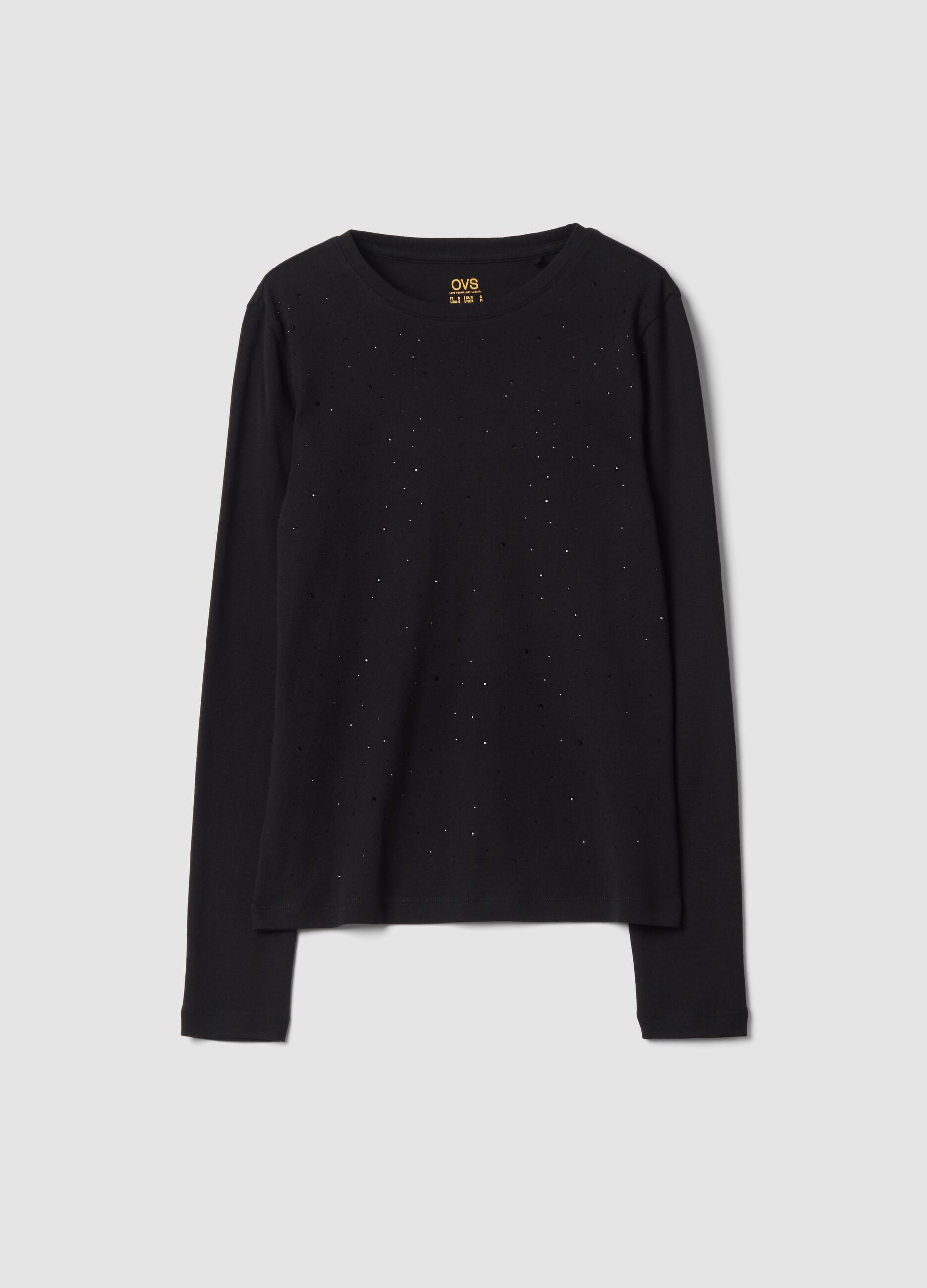 Black crew-neck pure cotton T-shirt with rhinestones, regular fit