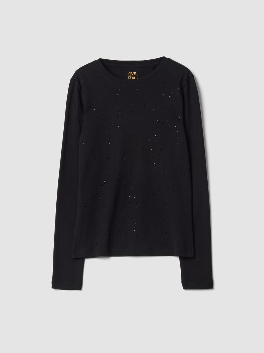 Black crew-neck pure cotton T-shirt with rhinestones, regular fit_0