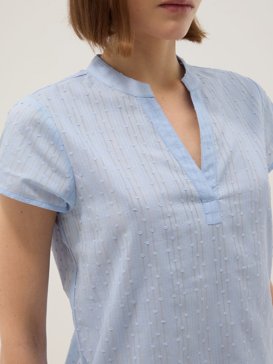 Light blue pure cotton regular fit deep V shirt with transparency_3