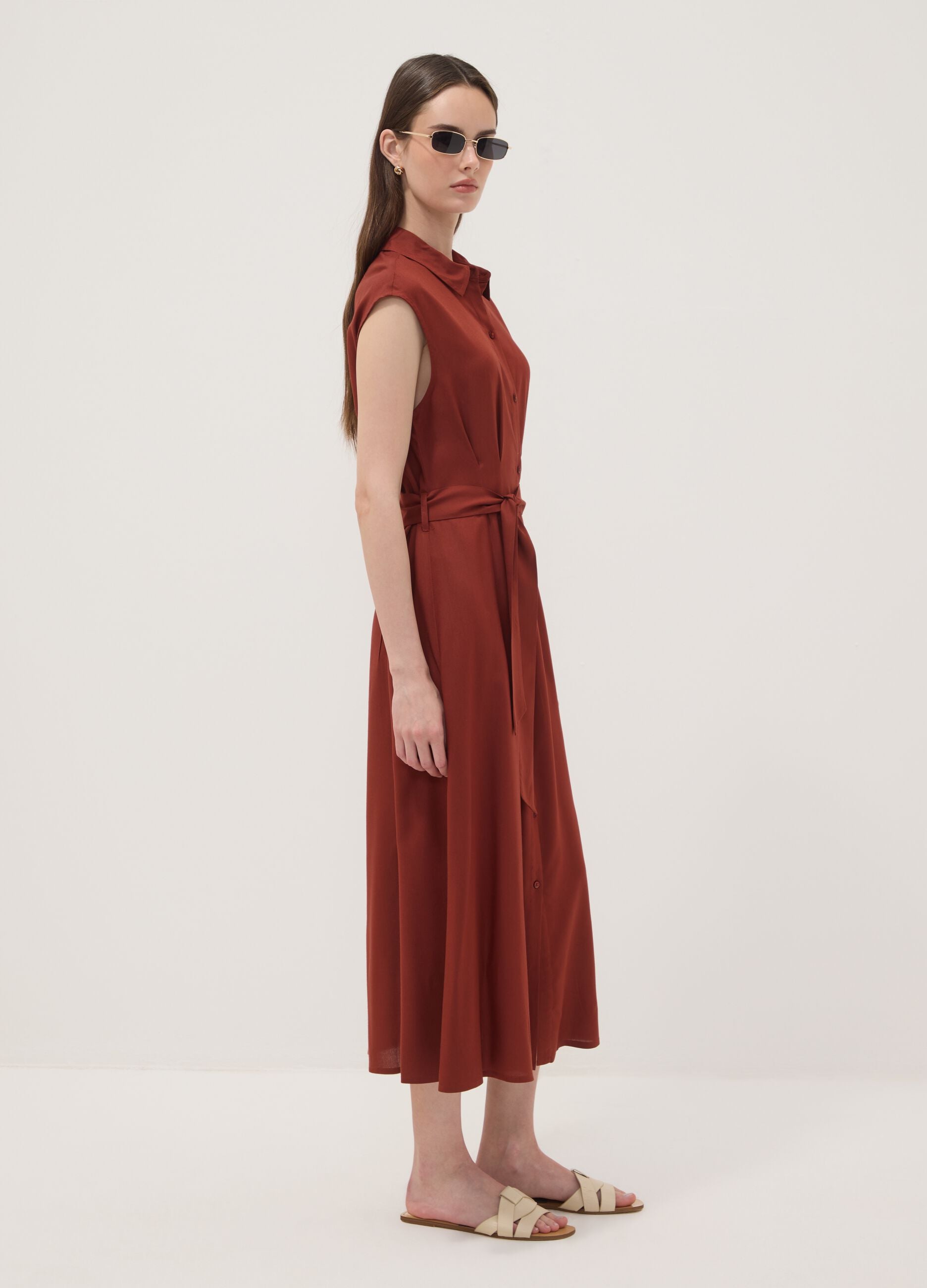 Red midi dress in pure viscose with tie belt, regular fit