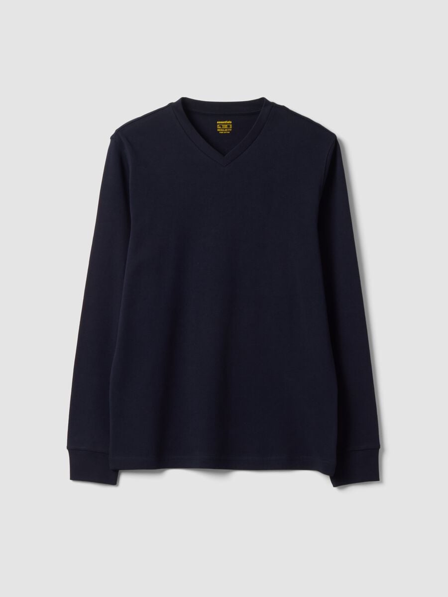 Blaues T-Shirt aus reiner Baumwolle mit V-Ausschnitt, Regular Fit_0