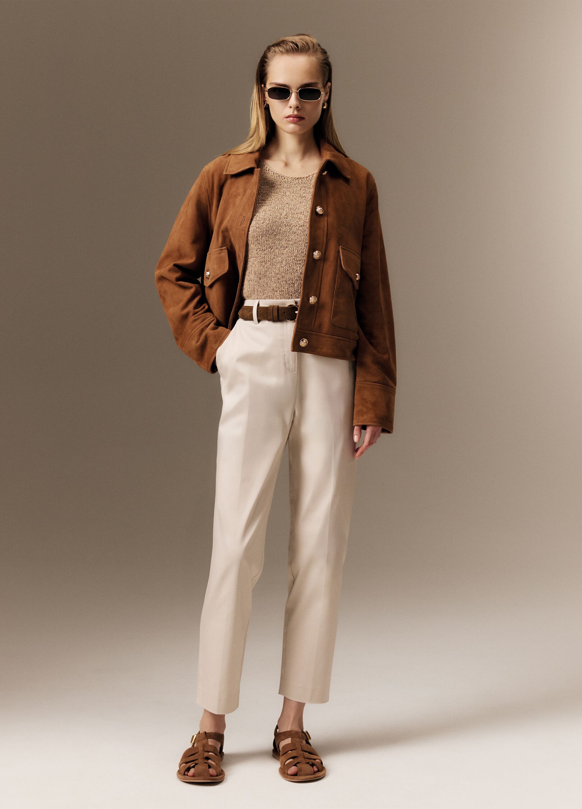 Beige stretch cotton satin trousers regular fit