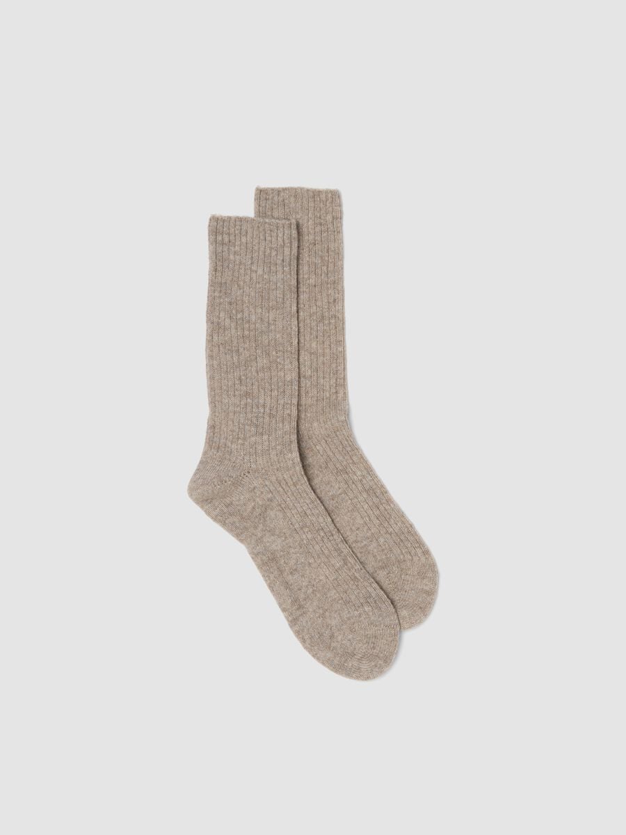 Beige ribbed socks in wool, viscose and stretch cashmere_0
