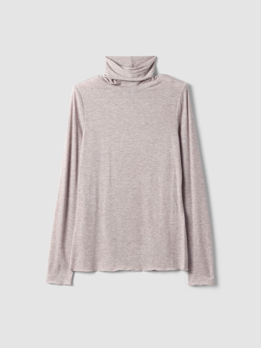 Beige modal and stretch wool T-shirt with raised collar, regular fit_4