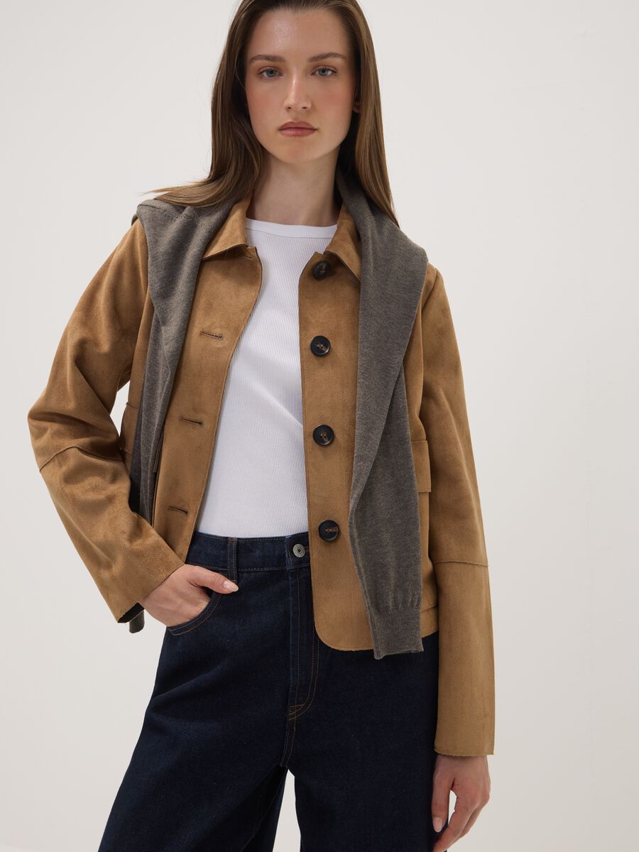 Beige regular-fit shacket with patch pockets_0