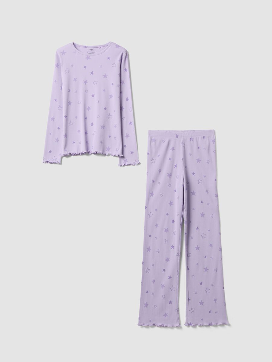 Pigiama viola in puro cotone organico a costine con stelline per bambina_0