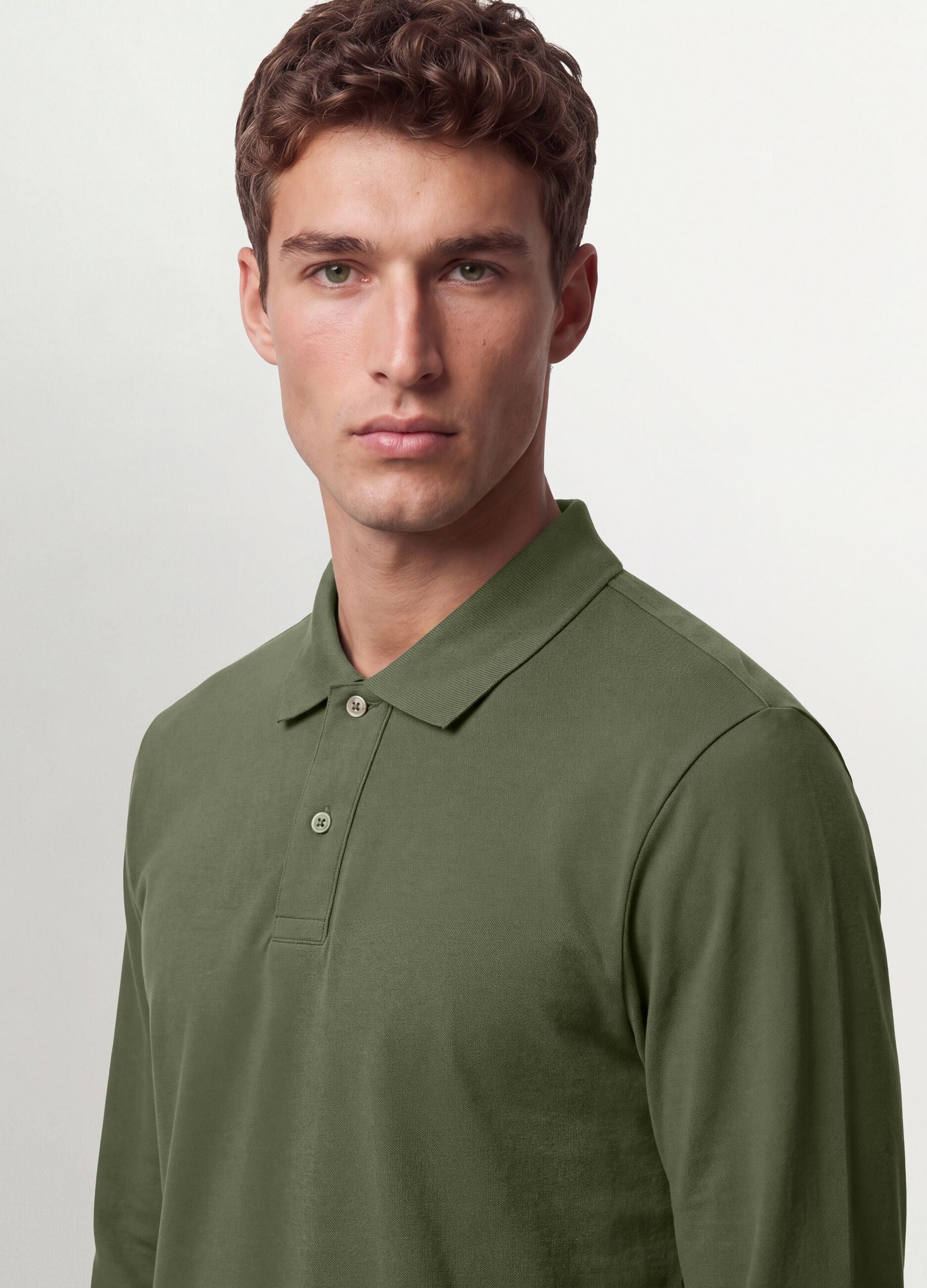 Green long-sleeve organic cotton piqu&eacute; polo, regular fit