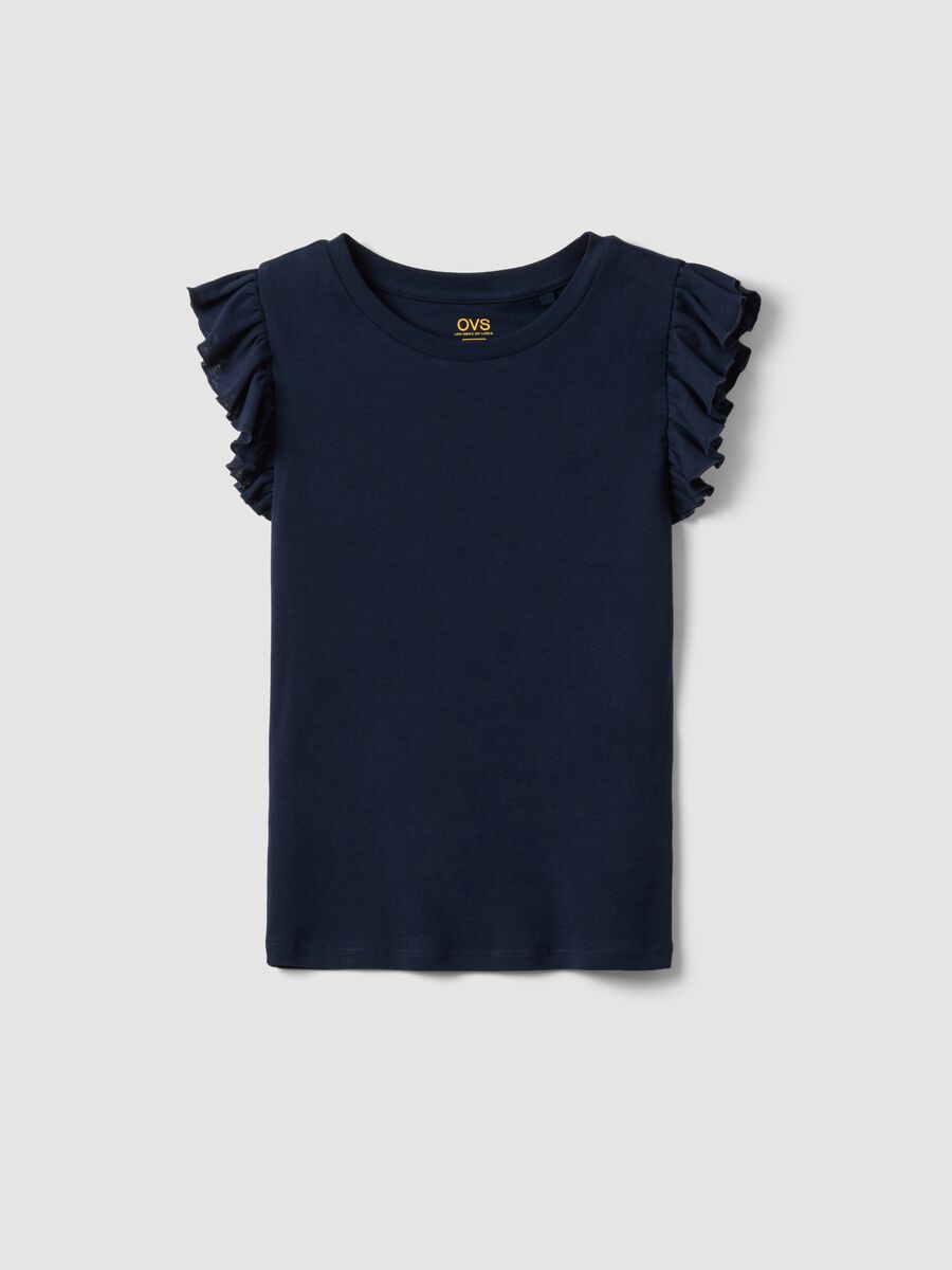 Slim fit blue pure cotton T-shirt with ruffles_4