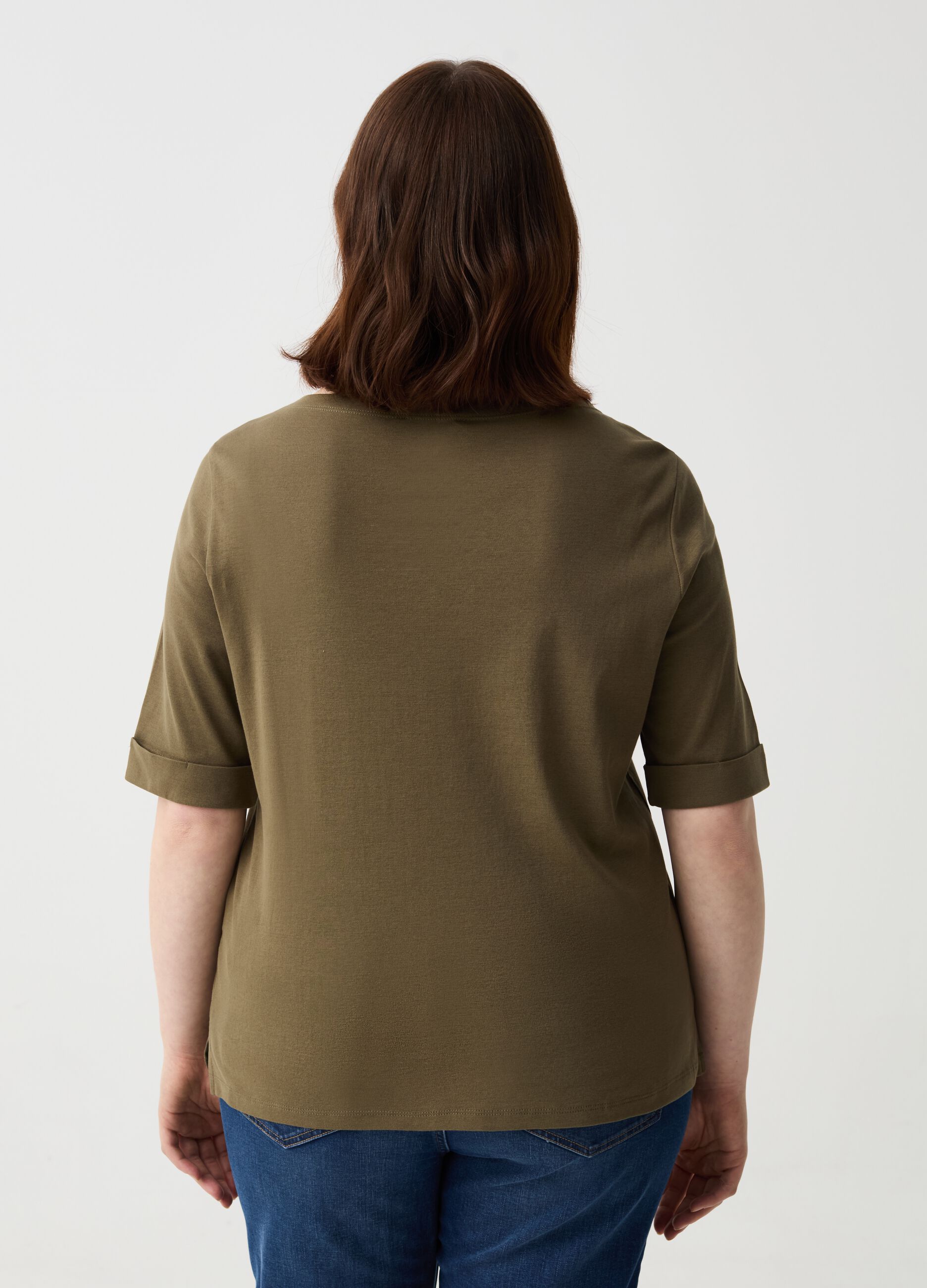 Curvy T-shirt with elbow-length sleeves with turn ups