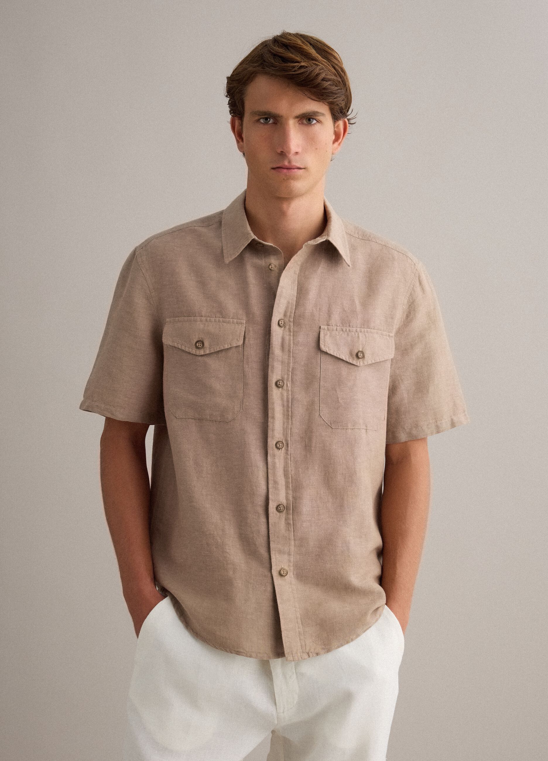 Beige Linen-Cotton Blend Regular Fit Shirt