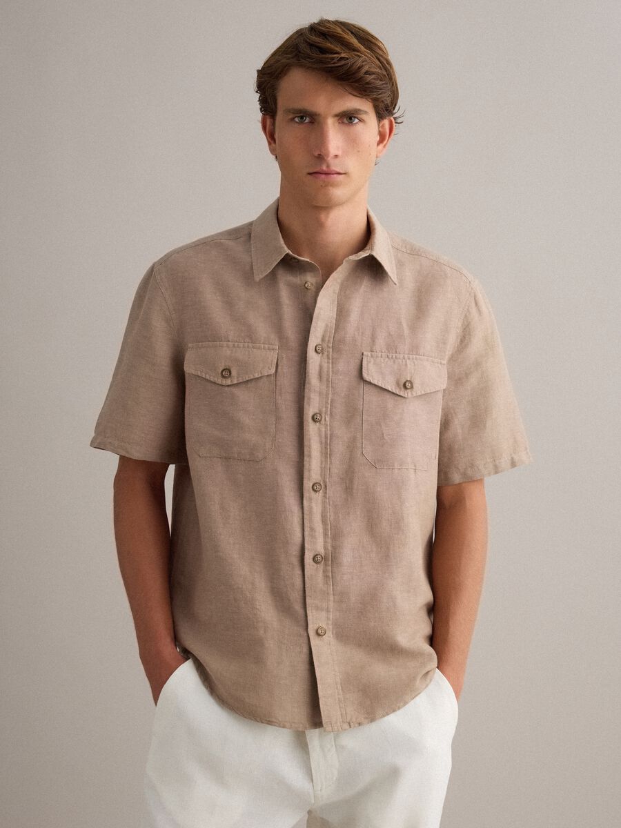 Beiges regul&auml;res Hemd aus Leinen-Baumwoll-Mischung_0