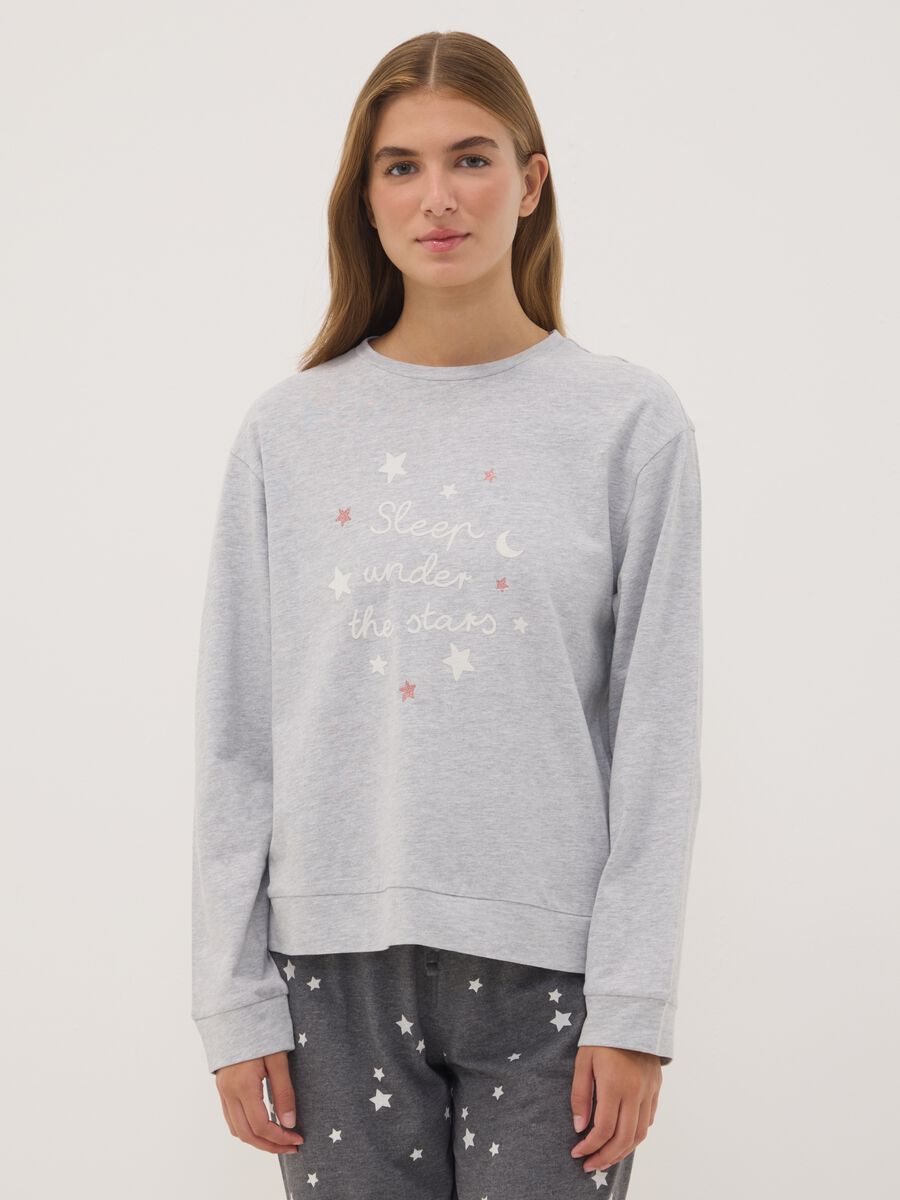 Grey pyjamas in organic cotton and viscose blend with crew neck_1