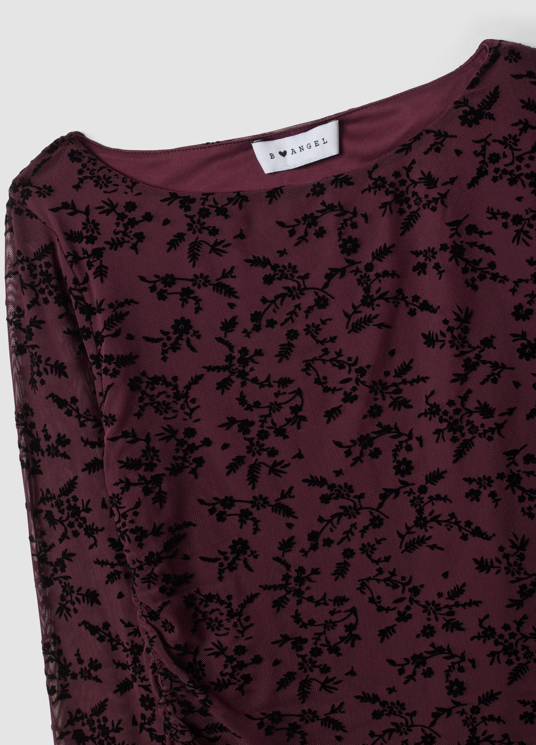 Violettes Stretch-T-Shirt mit beflocktem Blumenmotiv