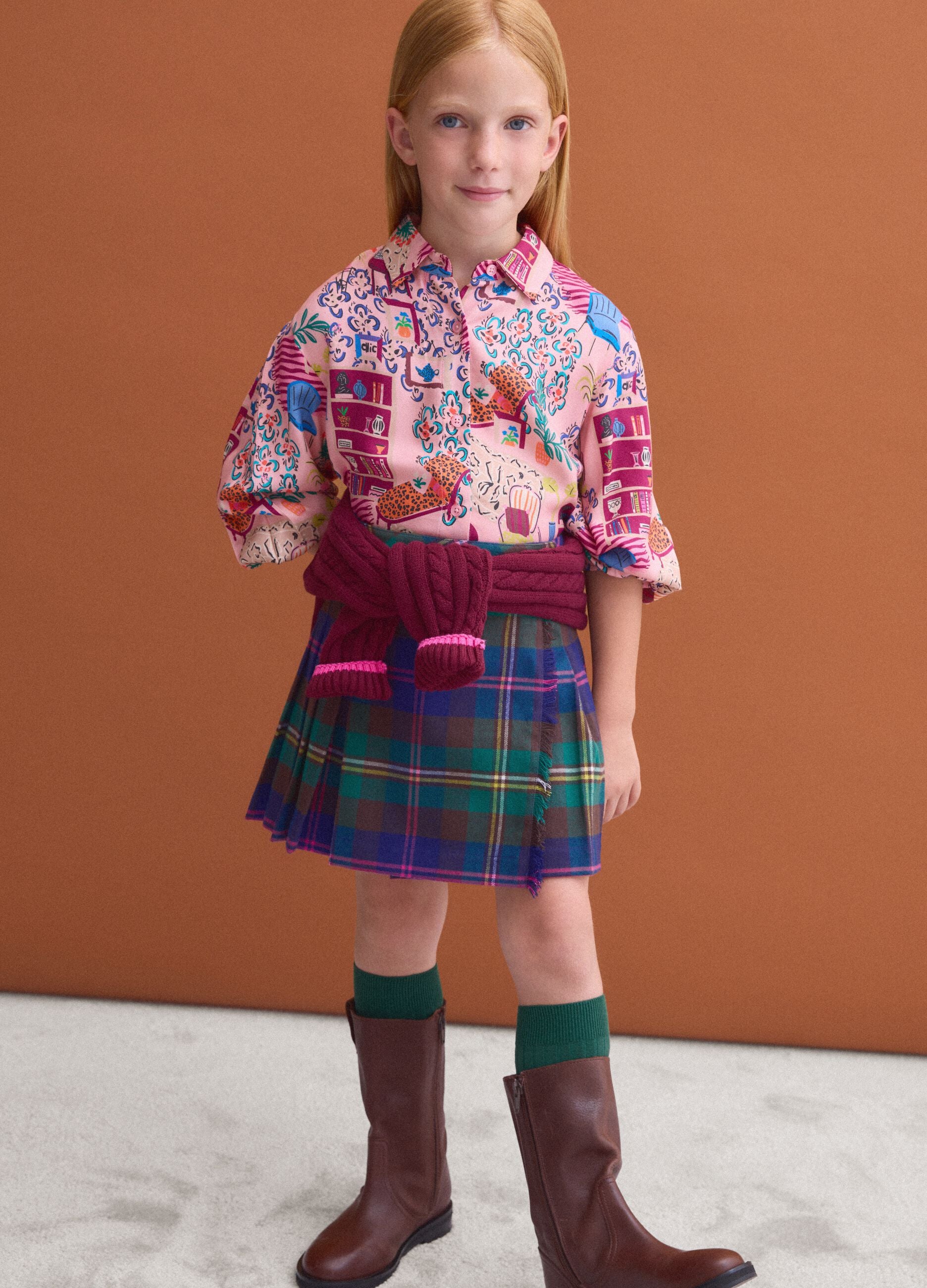 Girls&rsquo; multicolour stretch viscose checked skirt