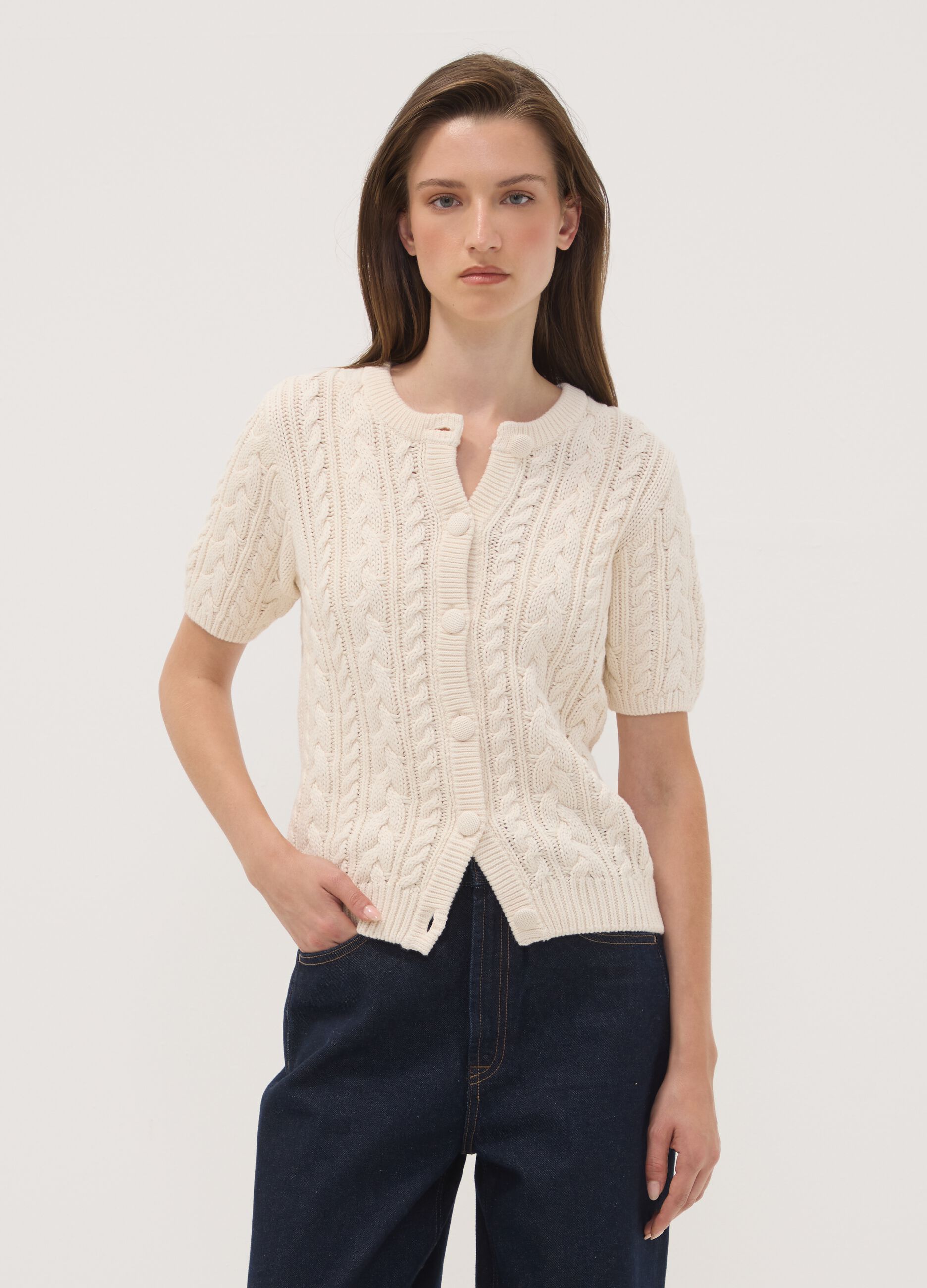 Beige pure cotton cable-knit cardigan, regular fit