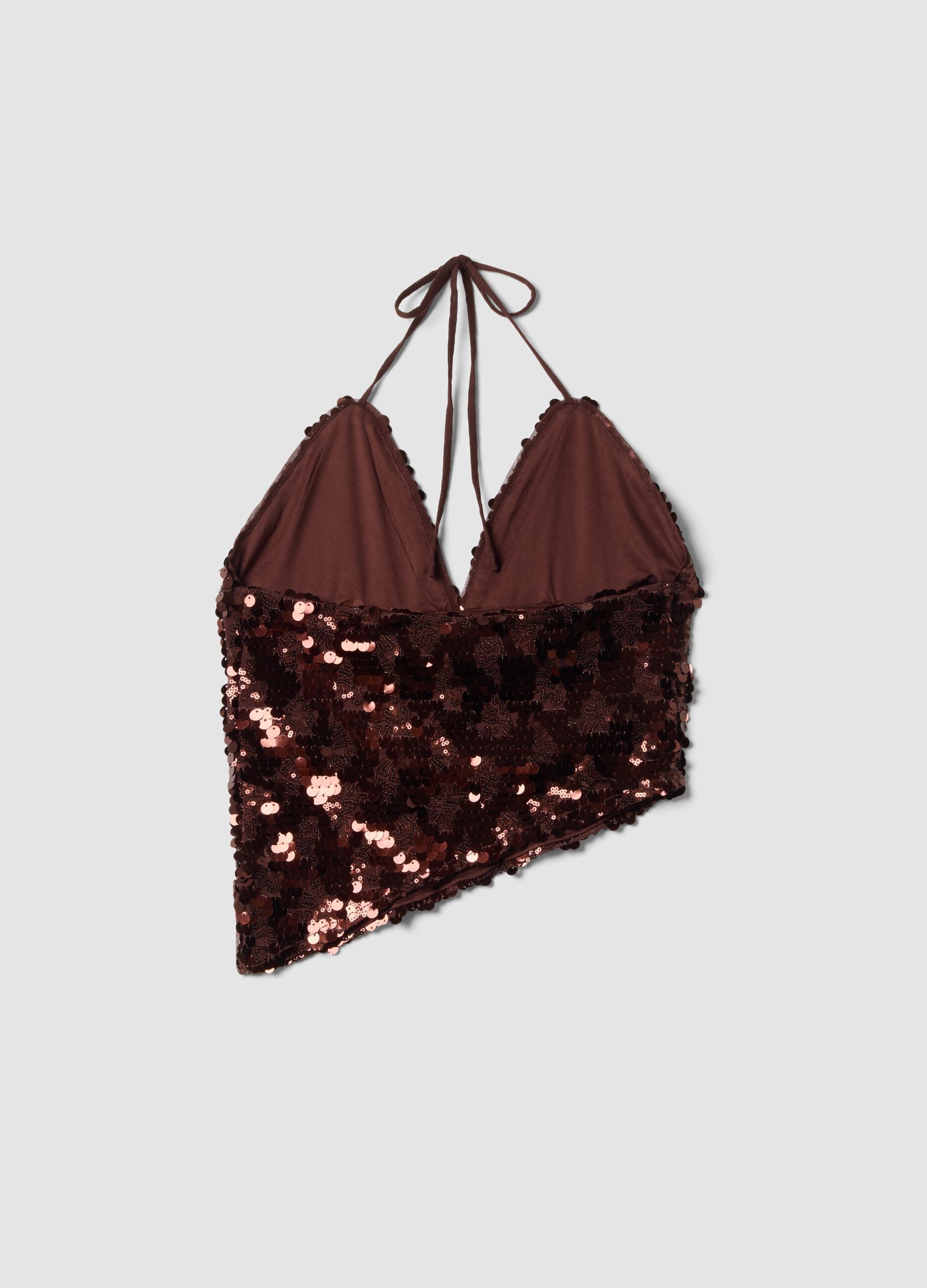Brown sequin stretch-fabric top