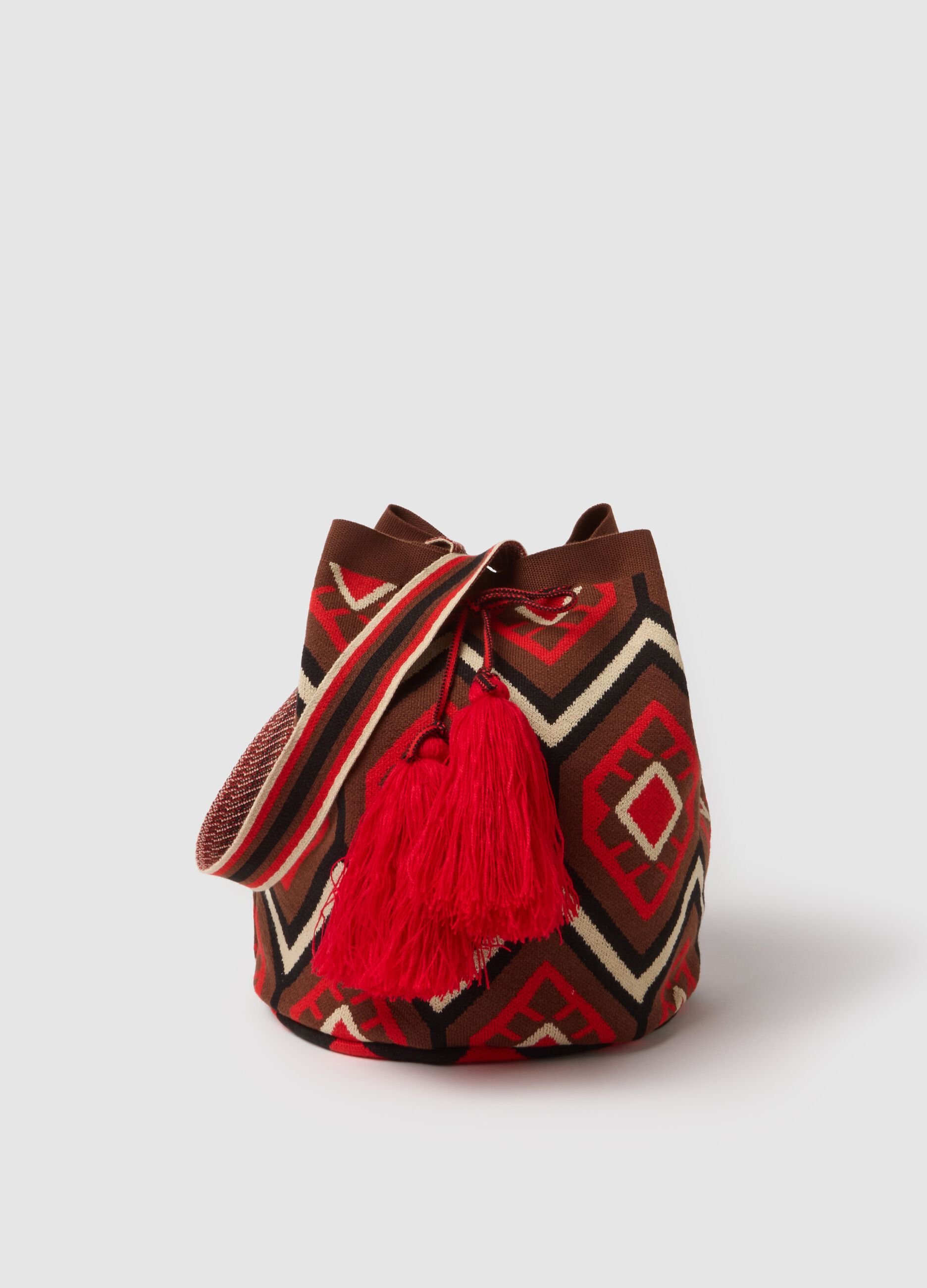 Beach bag with tassels and multicolour ethnic details