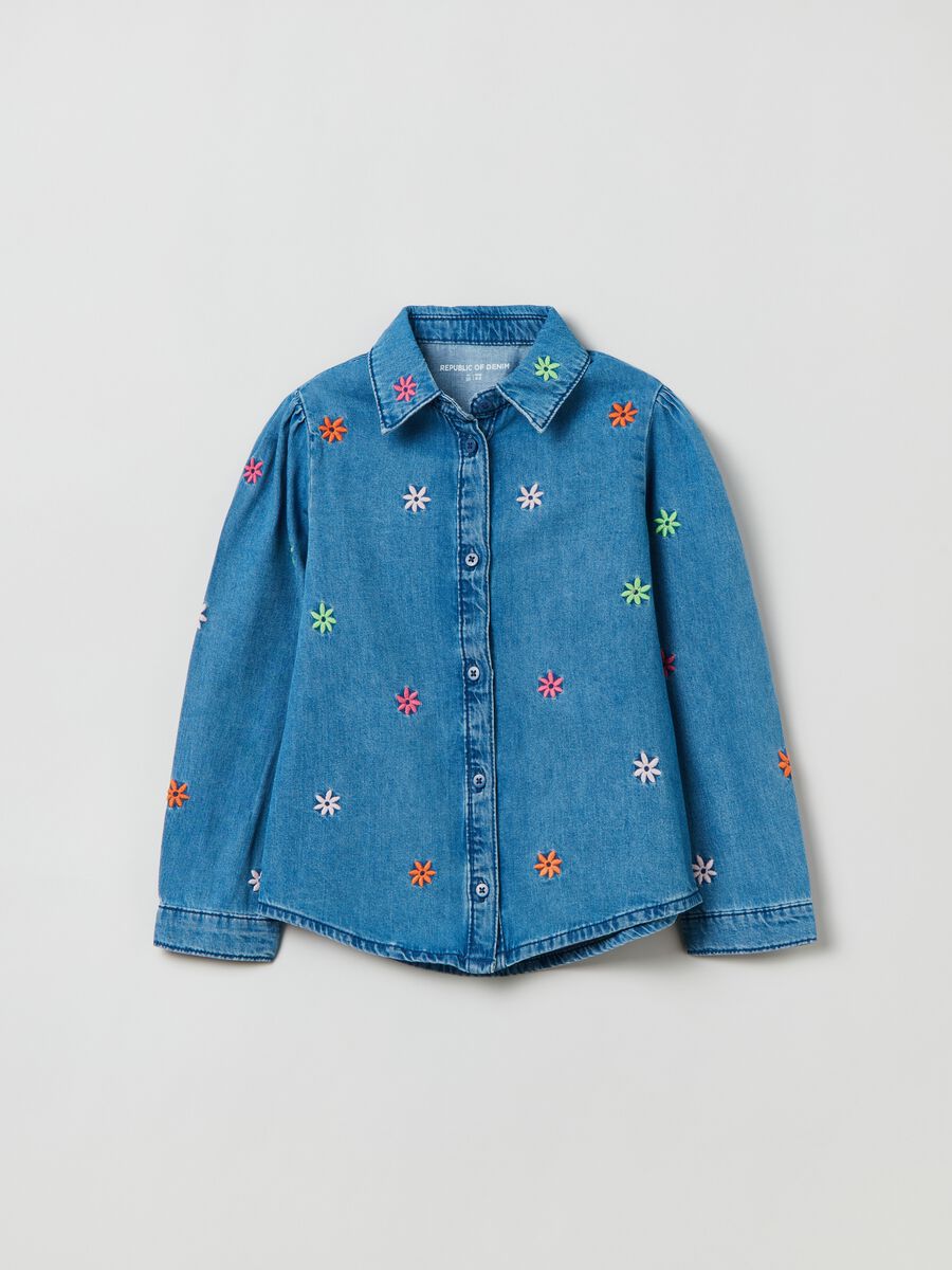 Denim shirt with flower embroidery_0