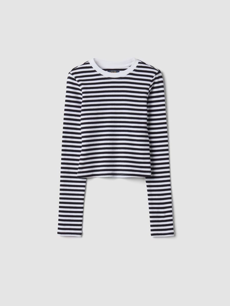 T-shirt nera a righe in cotone organico elasticizzato girocollo_3