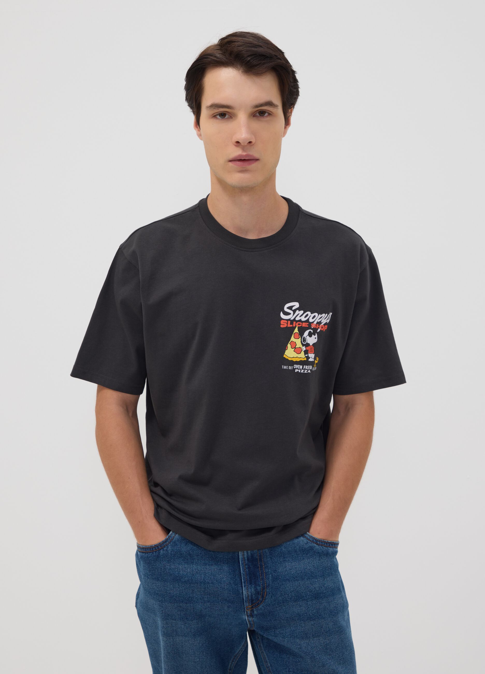Graues Peanuts T-Shirt aus reiner Baumwolle mit Print, Relaxed Fit